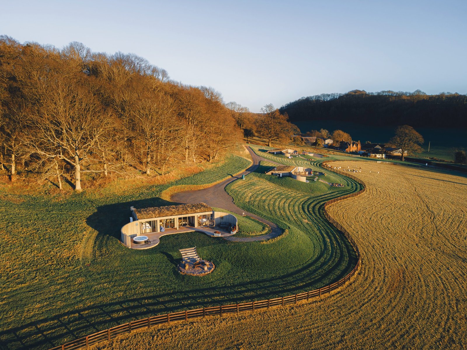 All three Pontypinna lodges set into the Herefordshire hillside