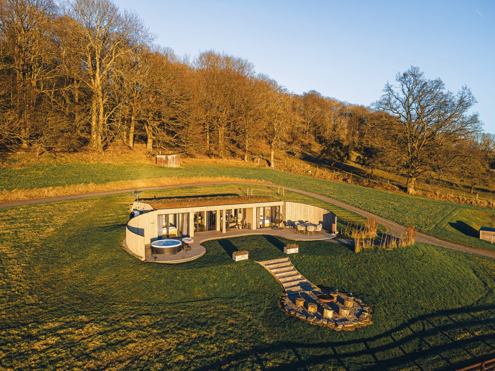 Pontypinna cabin exterior with countryside beyond