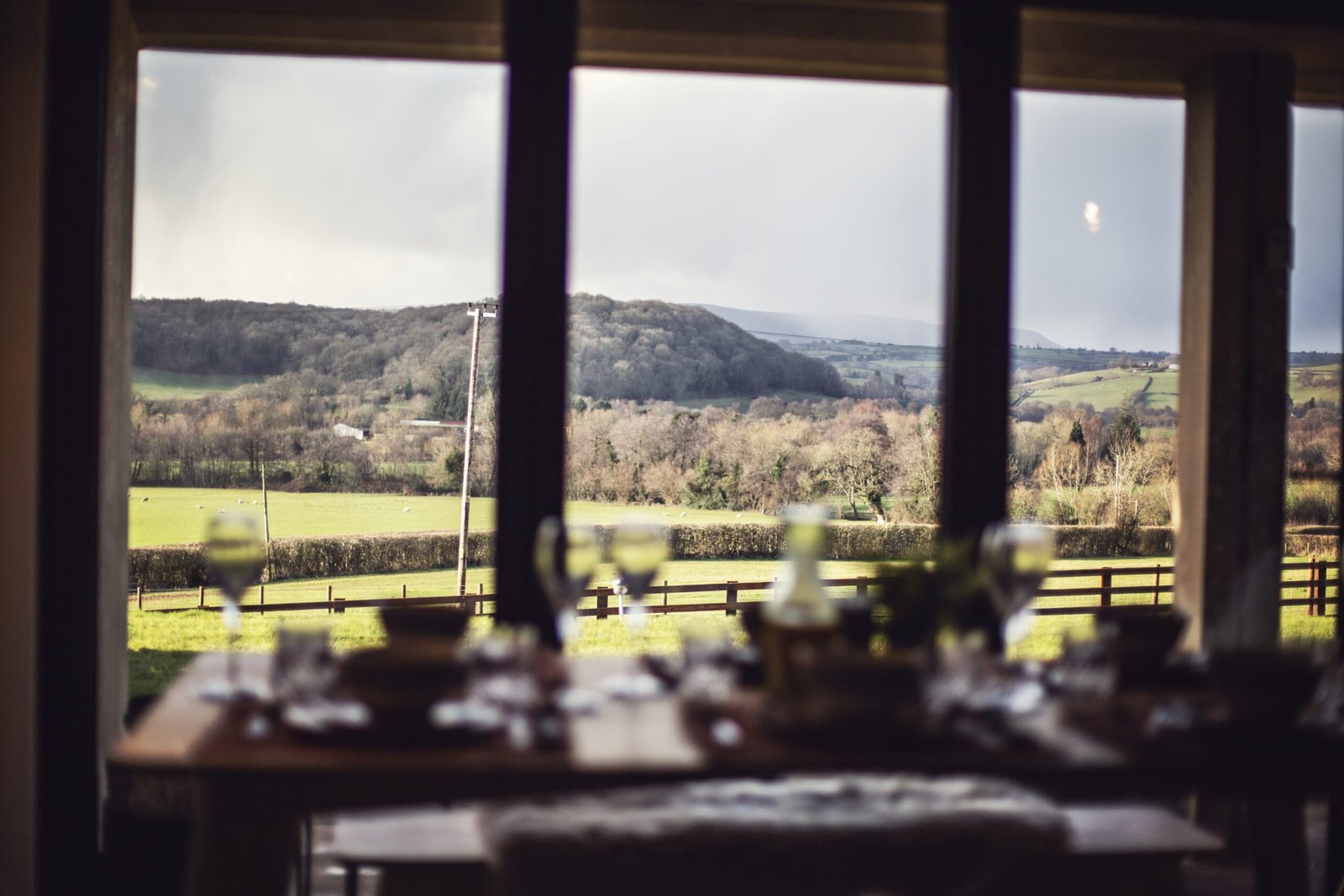 Scenic countryside view from an outdoor dining table
