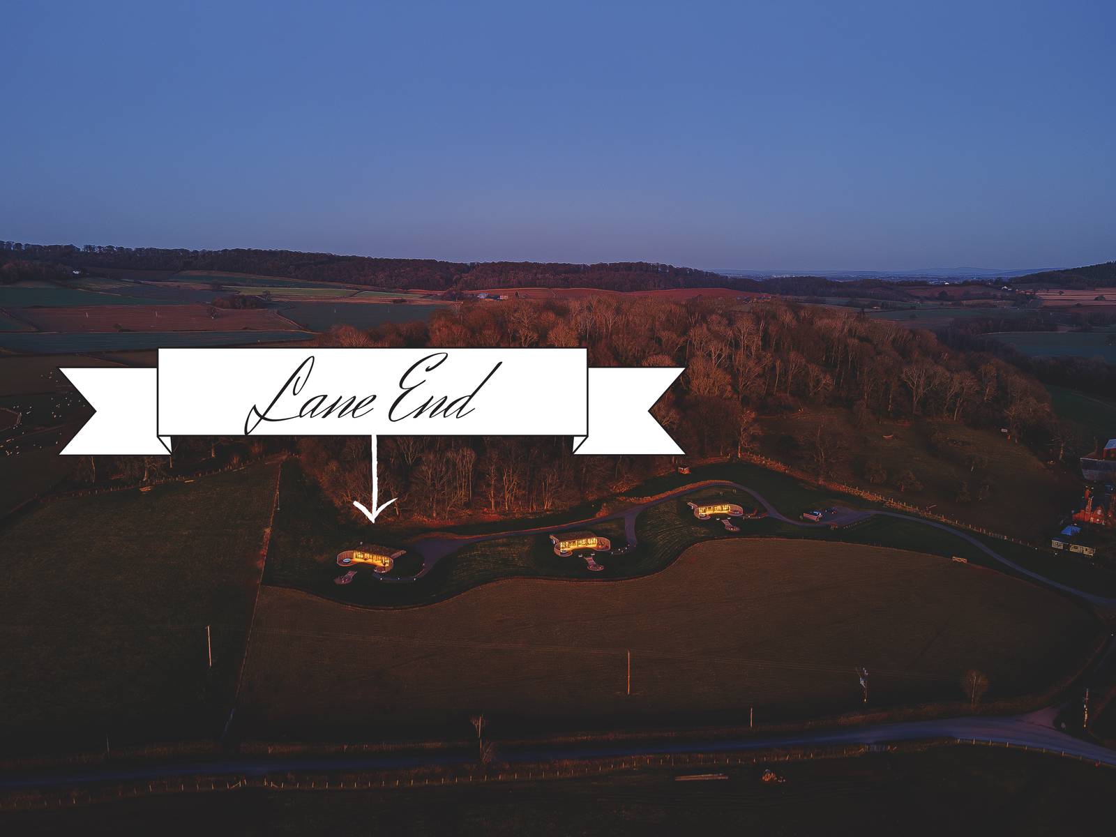 Lane End lodge seen from above at dusk